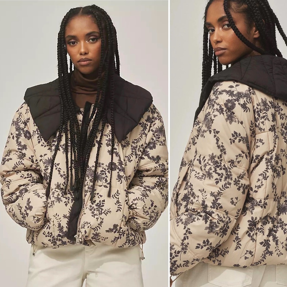 NWT Anthropologie Peter Pan Collar Printed Puffer Coat Beige Floral‎ XL $168